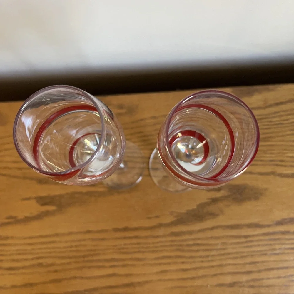 PIER 1 RED SWIRLINE CHAMPAGNE FLUTE GLASS (SET OF TWO) Long Stem 10
